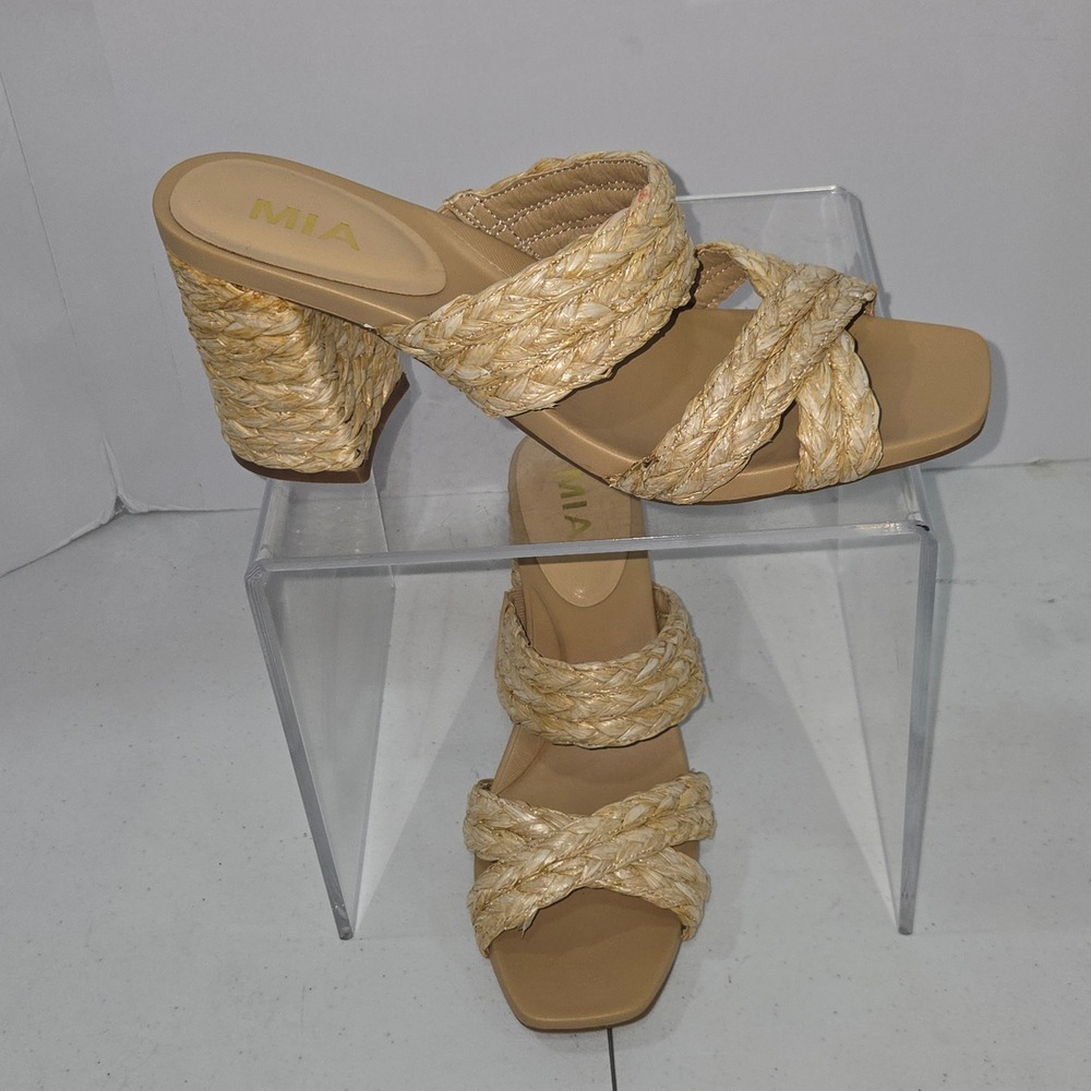 MIA Women Beige Braided Raffia Block Heel Slide Sandals Size 10 AC889